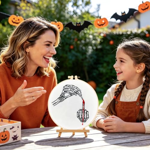 Gothic Embroidery Starter Kits for Adults Beginners, Halloween Embroidery Kits, Hand Bone Cross Stitch Kits Needlepoint Kits for Beginners Adults Woman Halloween Gifts, Embroidery Hoop, Video Tutorial - color: H2095