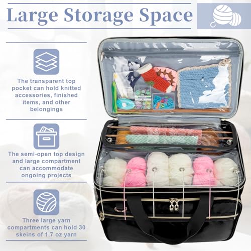 Anitor Large Crochet Bag Knitting Bag Yarn Storage Tote, Yarn Bag, Black - color: black