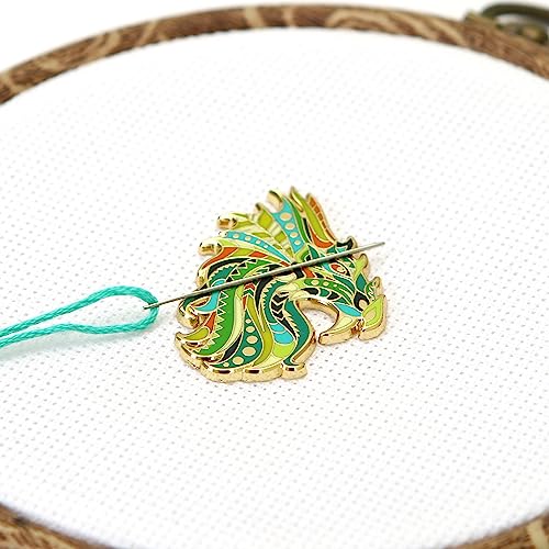Awesome Pattern Studio Needle Minder Set - Mandala Dragon Magnetic Needle Minder + 2 Needle Threaders. Enamel Pin for Cross Stitch, Embroidery and Craft - size: Dragon Set #1