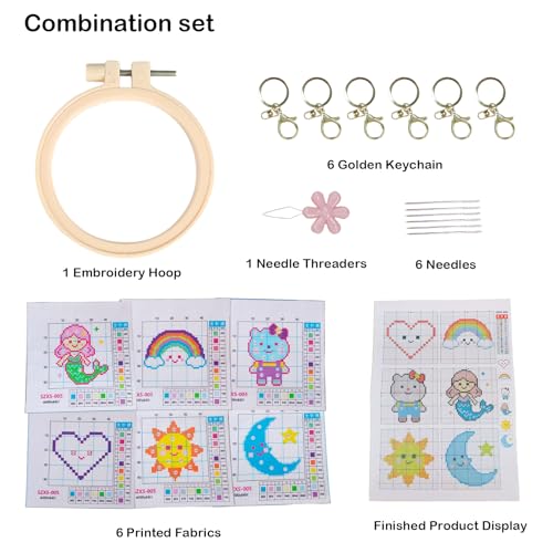 57lilina Cross Stitch Kits for Kids, 6 Set Easy Beginner Embroidery Pattern - color: Heart+ Sun+ Mermaid+ Cat+ Rainbow+ Moon
