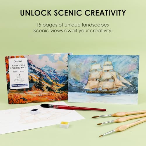 Grabie Watercolor Coloring Book, 15 A5 Cotton Sheets, Landscape Themed - color: Landscape