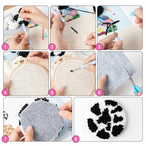 WATINC Spotted Punch Needle Coaster Kit - 22Pcs Crafts Punch Needle Coasters Kits for Beginners, 6 Colors Spotted Coaster Tufted Rug Pads with Adhesive Felt Yarns Embroidery Hoop Instruction