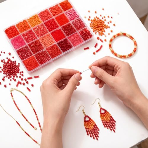 24 Grid Red Glass Seed Bugle Tube Beads Kit for Jewelry Making DIY Craft - color: red, size: 24 Grid