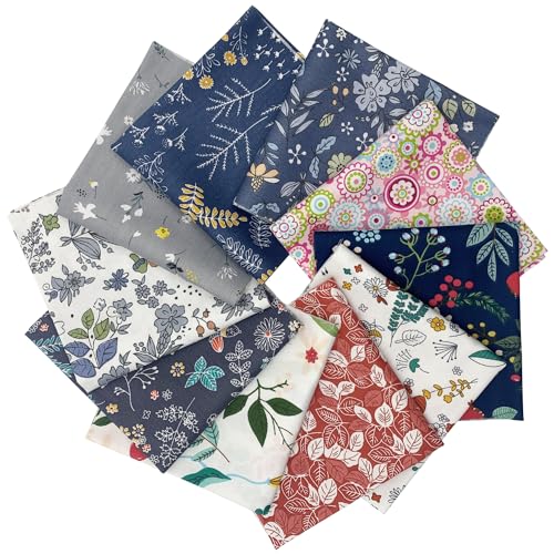 10Pcs Cotton Fabric Squares Bundles 25 x 25 cm Floral Patterns Printed Fabric Patchwork Craft Cloths for Sewing Quilting DIY Needlework Decoration Scrapbooking Handwork (Grey)