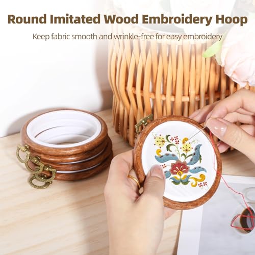 15 PCS Round Embroidery Hoops - 3.7 Inches Imitated Wood Circle Rubber Hoop Frames, Cross Stitch Ornament Hoop Ring, Hanging Wood-Like Frame for DIY Embroidery Art Craft Sewing