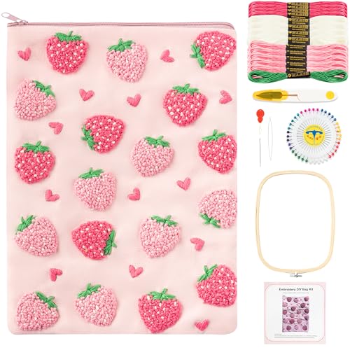 Fiupan All-in-One Strawberry Embroidery Kit - DIY Craft Kit with Thread, Fabric & Needles, Pink Embroidery Pouch for Tablet E-Reader Sleeve, Creative Birthday Gifts for Beginners（6-6.8 Inch） - size: 6-6.8 Inch