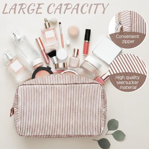 Sanwuta 3 Pcs Seersucker Makeup Bags, Khaki - color: Khaki