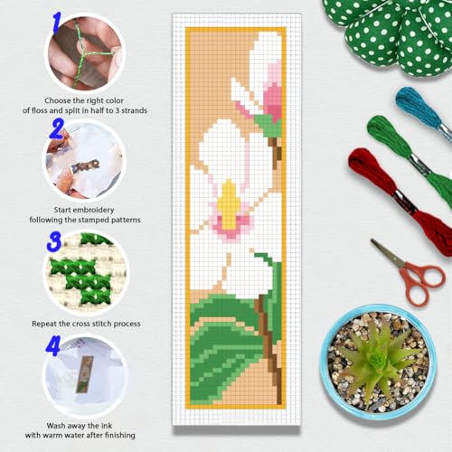 BEUNITONE 6 Pcs Flower Cross Stitch Bookmark Kits for Beginners Magnolia DIY Stamped Cross Stitch Kit Vintage Floral Embroidery Kit with Instruction for Craft Book Lover Reader Writer 8''x2.4'' - style: Magnolia
