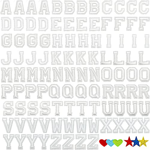 Jongdari Iron on Letters, 110 Pcs Alphabet Patches, Decorate Repair Letter Patches for Clothing Shirts Jackets Hats Jeans Shoes Bags (White) - color: White, size: 104 Letters + 6 Patches