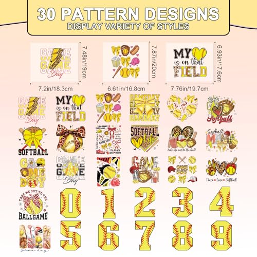 Rngmsi Dtf Transfers Ready to Press - 30 Pcs Softball Sports Iron on Patches for T-Shirts, Game Letter Iron on Stickers Bow Heat Transfer Vinyl Decals for Pillow DIY Fabric Clothes Decor - style: SoftballSports