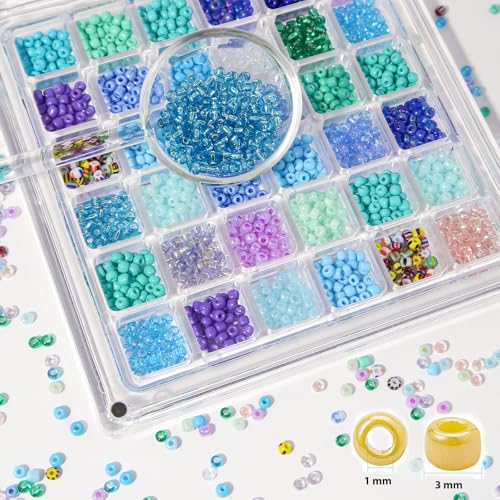 11200pcs Glass Seed Beads for DIY Crafting Bracelet Necklace Embroidery Jewelry Making Supplies (3mm, 400pcs/Color, 28 Colors, Blue Scheme) - color: Blue