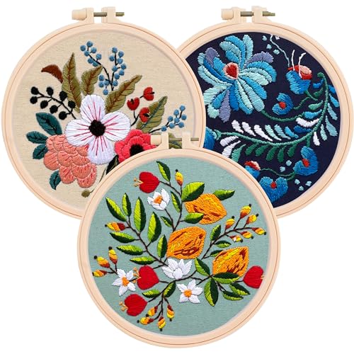 Colorful Flowers Embroidery Kit for Beginners – DIY Hand Embroidery Set with 3 Hoops, Stamped Patterns, Needles, Thread, Scissors – Floral Embroidery Kit for Adults, Teens, Women, Craft Lovers - color: Colorful Flowers