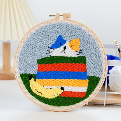 Woohome Punch Needle Kit Included Plastic Hoops, Punch Needle Cloth, Color Yarn and Punch Needle Tools for Adults, Beginners (Lazy Cat) - color: Color 24