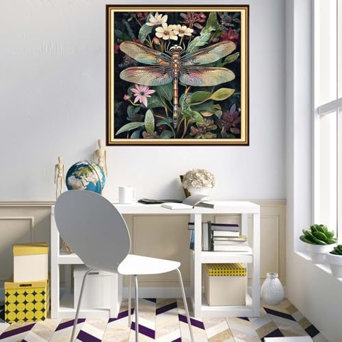 Redxing Counted Cross Stitch Kit for Beginners,Unprinted Needlepoint Kits for Beginners Cross Stitching Embroidery Kit 11CT Stitches kit-Dragonflies Collect Honey 18x18 inch - color: KitsColor18