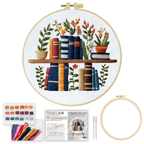JOZYSH Beginners Stamped Books and Flowers Pattern Embroidery Kit Cross Stitch Kit Embroidery Starter Kit with Instructions, Embroidery Hoops for Home Ofiice Decor