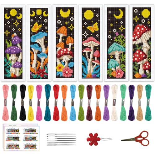 ACRNIGHEET 6PCS Cross Stitch Bookmark Kits Mushroom Pattern Stamped Cross Stitch Kits for Beginners Adults DIY Stamped Embroidery Bookmarks with Instructions Hand Embroidery Craft Gift - style: Mushroom patterns