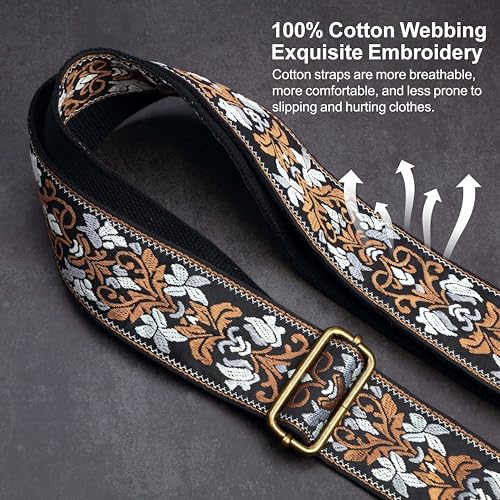 Nefelibata Banjo Strap,2"Wide Double Crazy Horse Leather Jacquard Embroidery Strap Adjustable Replacement,Multi-pattern Strap With Metal Clips - color: A#-embroidery Yellow