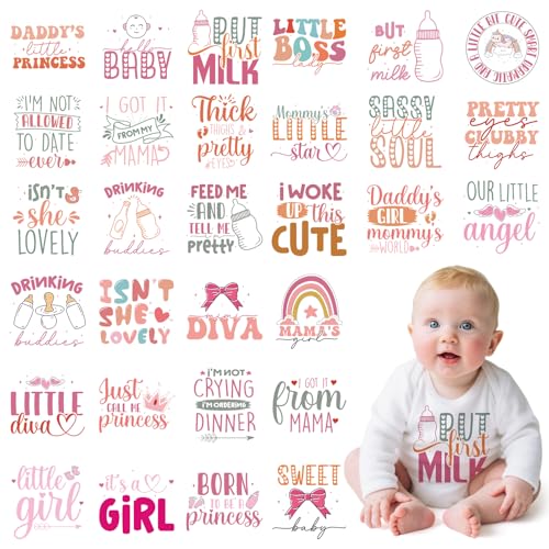 Girls DTF Transfers Ready to Press - Joybileefun 30 Sheets Baby Girls Iron On Transfers for T Shirts Cute Pink Baby Shower Heat Transfer Iron on Patches for Clothes Bag Pillow Covers DIY - style: Baby Girls Style