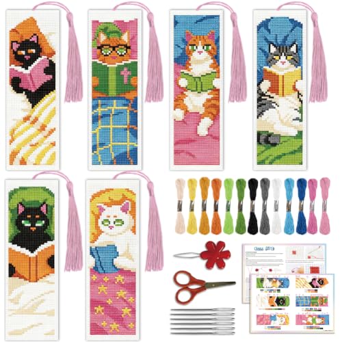 ACRNIGHEET 6PCS Cross Stitch Bookmark Kit for Beginner Stamped Cross Stitch Kits for Adults Cute Reading Cat DIY Tassel Embroidery Bookmark Kits Needlepoint Kit with Instructions Gift 8.5''x3'' 11CT - style: Reading Cat with Tassel