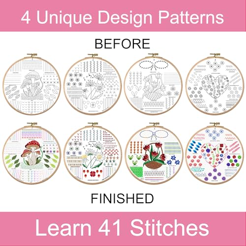 Moni Crafts Adult Beginner Embroidery Kit – 4 Pre-Printed Patterns (Flower, Mushroom, Floral, Heart) – Learn 41 Stitches, Hand Embroidery Starter Craft Set - color: Beginners - Practice B