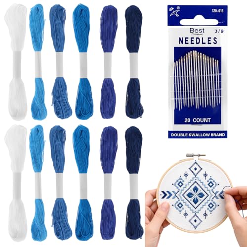 32 Pcs Sashiko Thread Kit, 12 Strands Blue Sashiko Thread and 20 Needles