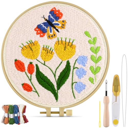 TINDTOP Punch Needle Kits, DIY Punch Embroidery Kits for Adults Beginner, Tool with Punch Needle Fabric, Hoops, Yarns and Sewing Needles (Set F) - color: Set F