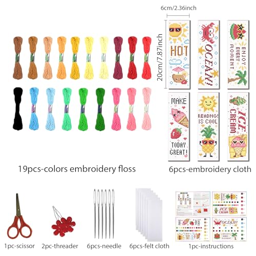 FREEBLOSS 6 Set Cross Stitch Bookmark Kits for Beginner Cartoon Summer Stamped Cross Stitch Kit DIY Embroidery Bookmark Kit with Instructions 8'' x 2.4'' - style: Cartoon Summer