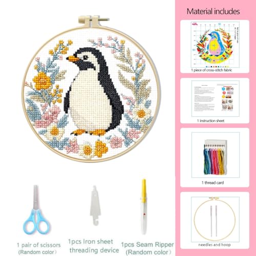 LSLFQYQSK Beginners Embroidery Kits - Small Animal DIY Cross Stitch Kits,Including,Stamped Flower Patterns,Hoop,Color Threads,Tools (Style B) - style: Style B