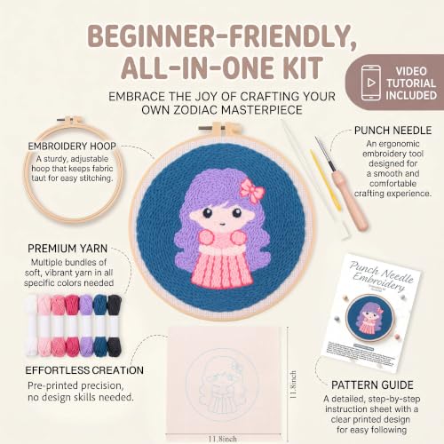 Harimau Punch Needle Kit Twelve Zodiac Signs Pattern,1Pc Embroidery Hoop, Essential Punch Needle Supplies,Ideal Punch Art for Beginners,DIY Adults Embroidery, Video Teaching - color: 65280