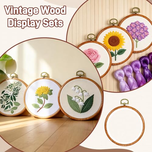 YICO 15 Pieces 3.6 Inch Round Embroidery Hoop Set, Imitated Wood Grain
