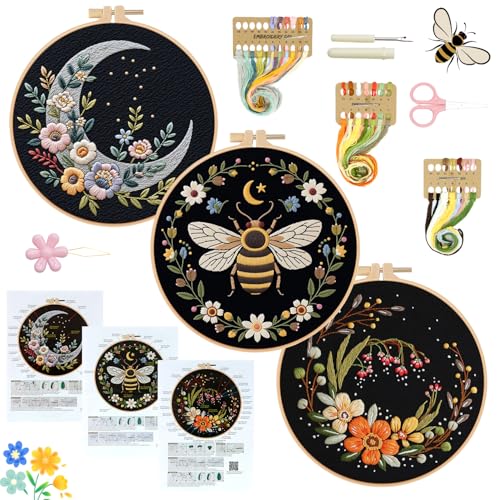 3Pack Embroidery Kits for Beginner Adult, Flower Moon Bee Pattern Hand Kit - color: Flower Bee Moon