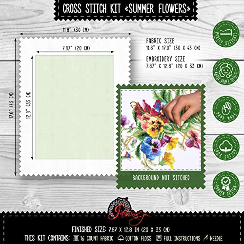 Povitrulya Summer Flowers - Embroidery Set - DIY Counted Cross Stitch Kit with Paper Pattern, 14 Count Aida Canvas and Pre-Sorted Floss - color: Summer Flowers