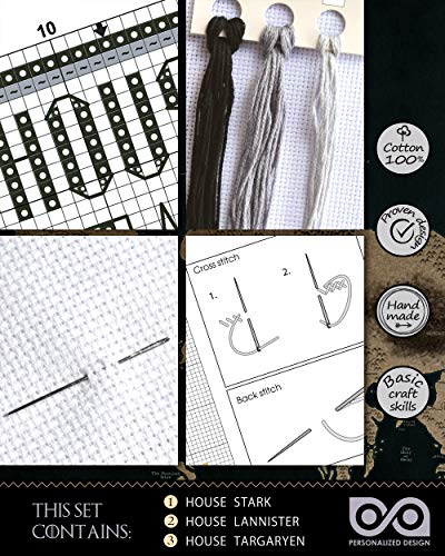 Cross Stitch Kits - Set of 3 DIY Hand Embroidery Bookmarks: House Stark, Targaryen, Lannister - GoT Design Patterns - color: 3-in-1