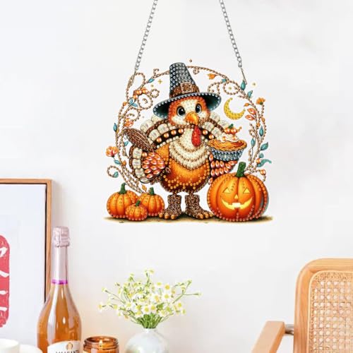 ZeeLionArt Hanging Diamonds Art kits for Adults,Thanksgiving turkey Pendant Diamonds Painting Art Kit,6.8x7.1inch Acrylic Diamonds Painting Board Kit Ornament, Special Crystal Diamond Hanging Ornament - color: DP04381