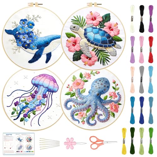 BEUNITONE 4 Pack Beginner Embroidery Kit for Adults, Marine Animals Flowers Pre-Stamped Pattern Needlepoint Kits with Hoops & Instruction, Handmade Embroidery Kits for Fabric and Home Decor 7.9x7.9 - style: A-Marine Animals