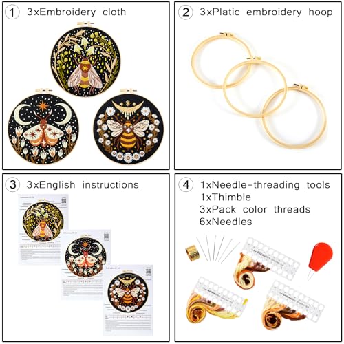 Hand Embroidery Starter Kits for Beginners Adults, Counted Stamped Cross Stitch Kit for Beginners Adults, Embroidery Needlepoint Kit with Moth Flower Pattern, 3 Hoops (Attached Teaching Video QR Code) - color: Moth