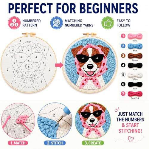 CELCRAFTIQUE Punch Needle Kits for Adults Beginner, Tool with Punch Needle Fabric, Hoops, Yarns and Sewing Needles (Sunny Pup) - color: Sunny Pup