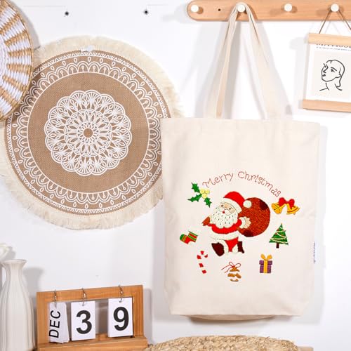 CREAWONDER Canvas Tote Bag Embroidery Kit with Pattern for Beginners, Arts and DIY Embroidery Crafts Kits for Adults, Include Instructions, Thimble, Embroidery Hoops, Color Threads and Tool - color: CR002 SantaClaus beige