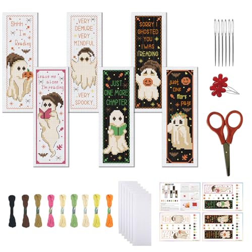 FREEBLOSS 6pcs Cross Stitch Bookmark Kit for Adult Beginners Ghost Pattern Stamped Embroidery Bookmark Kits Bookmarks Craft Kit with Instructions 11CT 8''x2.4'' - style: Ghost Text