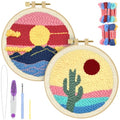ERKOON Punch Needle Kit Adults Beginners, 2 Pcs DIY Easy Landscape Embroidery Set for Starter Art Craft, Needling Punching Project with Patterns, Tools, Yarns, Hoop, Instruction (Desert & Afterglow) - color: Desert & Afterglow