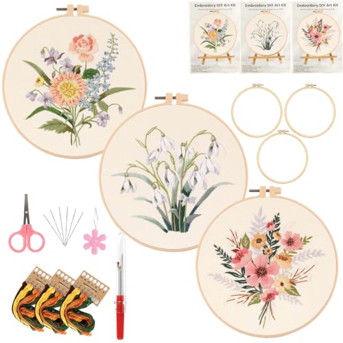 3 Packs Embroidery Kit for Adults, Embroidery for Beginners (Floral) - color: Floral