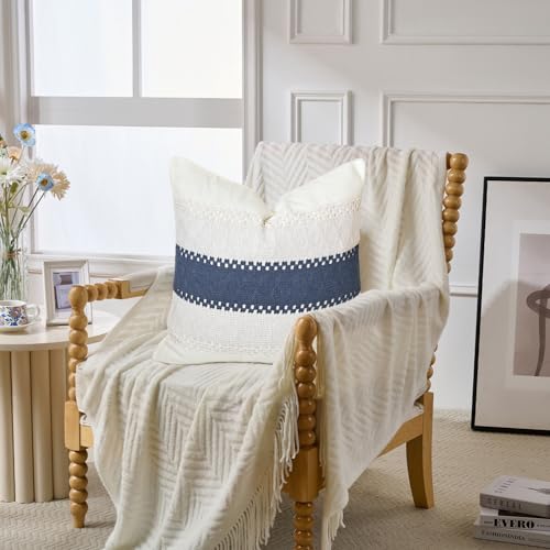 Throw Pillow Covers 1PC for Living Room, Cotton & Burlap, Boho Sytle Decorative Home (Beige & Blue, 18x18 Inch) - color: Beige & Blue, size: 18" x 18" (Pack of 1)