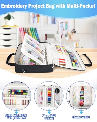 Telawsfun Embroidery Project Bag Organizer, Embroidery Supply Storage Bag with Removable Binder, Portable Carrying Tote for Thread Tools and Accessoriess, Bag Only (Black) - color: Black