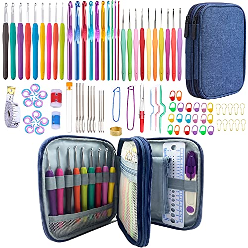 100pcs Crochet Hooks Set in Case Ergonomic Soft Grip Handles Weave Yarn Knitting Needles Kit and Crochet Needle Accessories Crochet Kit Complete Crochet Set for Beginners and Experiecced Crochet Lover - color: Blue