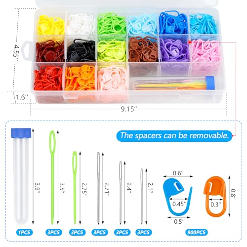 FIVEIZERO 900 Pieces Stitch Markers,with 15Pcs Large Eye Blunt Sewing Needles,Colorful Crochet Markers for Knitting Stitch Locking Clips Crochet Pins with Storage Box - size: 900PCS
