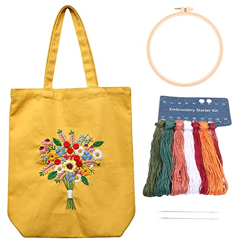 MAMUNU Canvas Tote Bag Embroidery Kit with Pattern for Beginners, Arts and DIY Crafts Kits for Adults, Include Instructions Embroidery Bag, Embroidery Hoops, Color Threads and Tool (Yellow) - color: Yellow