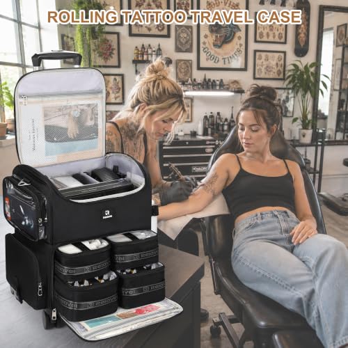 Relavel Rolling Tattoo Travel Case with 4 Inner Removable Pouches, Black - color: Black, size: Large with Trolley