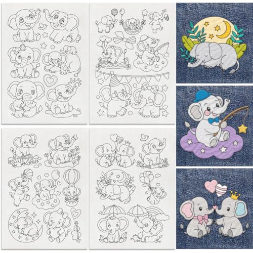 33Pcs Cartoon Elephant Water Soluble Hand Sewing Stabilizers, 8.3"x11.7" Happy Elephant Embroidery Pattern Stabilizer, 4 Sheets Animal Stick and Stitch Embroidery Paper Sticker