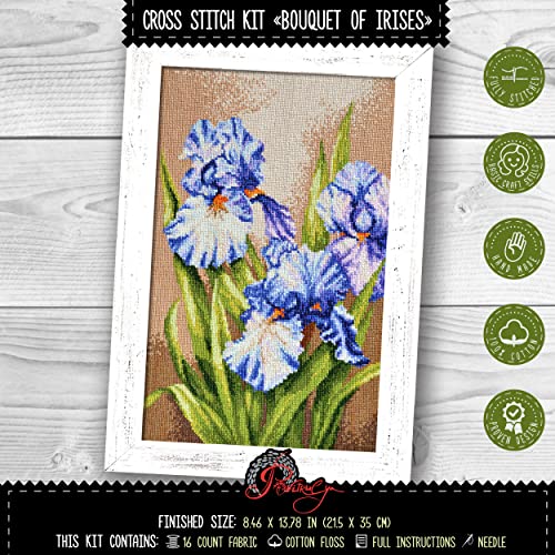 Povitrulya Counted Cross Stitch Kit ‘Purple Irises’ - DIY Hand Embroidery Set with Flower Paper Counted Pattern, Pre-Sorted Floss and 16 Count Aida Fabric - color: Purple Irises