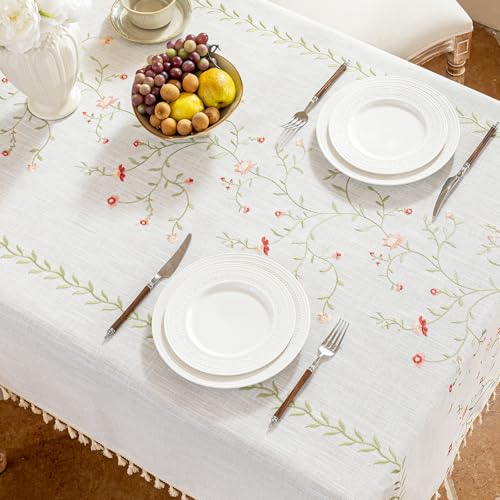 Alsoo Rectangle Tablecloth 55" x 90", Spring Pink Embroidered Table Cloth with Tassels, Farmhouse Rustic Linen Style, Heavy Weight Wrinkle & Spill Resistant Table Cover for Dining Kitchen (6-8 Seats) - color: Pink Flower, size: 90" x 55" (Rectangular)